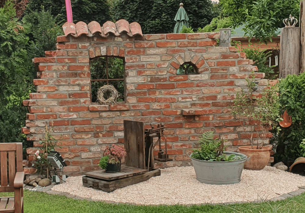 Ruinenmauer aus alten Ziegelsteinen 